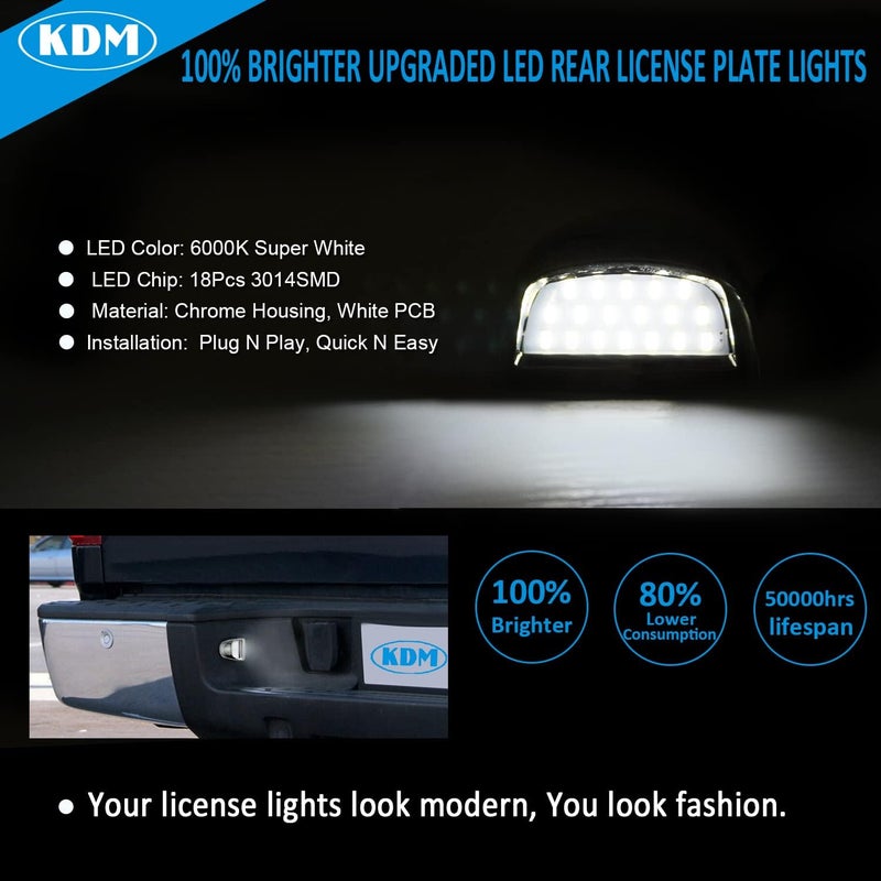 KDM LED License Plate Lights Chromed housing for 1999-2013 Chevy Silverado GMC Sierra 1500 2500 3500 HD Suburban Tahoe Cadillac Escalade EXT Yukon XL, 6000K White Chromed Housing 2pcs pack - Image 2